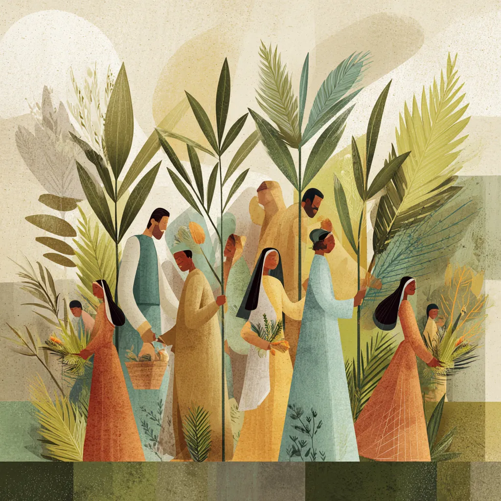 Palm Sunday celebration with people holding palm branches during Holy Week