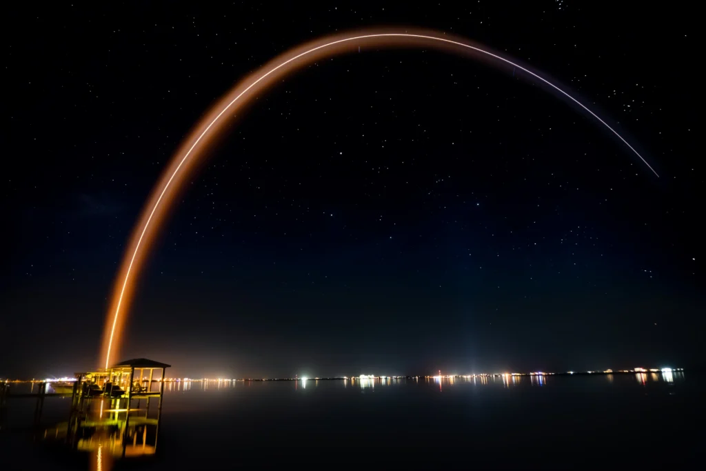 Falcon 9 rocket lifting off during SpaceX Starlink launch at Vandenberg Space Force Base
