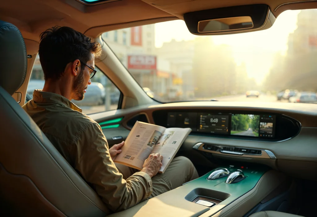 Tesla electric car on a highway using Autopilot with lane guidance and traffic detection