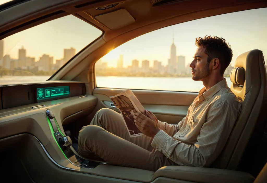 Tesla electric car on a highway using Autopilot with lane guidance and traffic detection