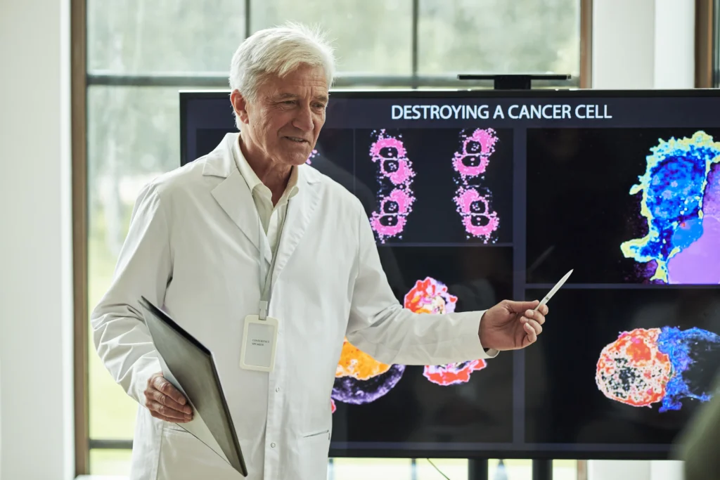 Microscopic view of glioblastoma brain tumor cells with a representation of medical research breakthroughs offering new hope in brain cancer treatment.