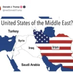 Donald Trump image with “United States of the Middle East” graphic amid rising Iran war tensions