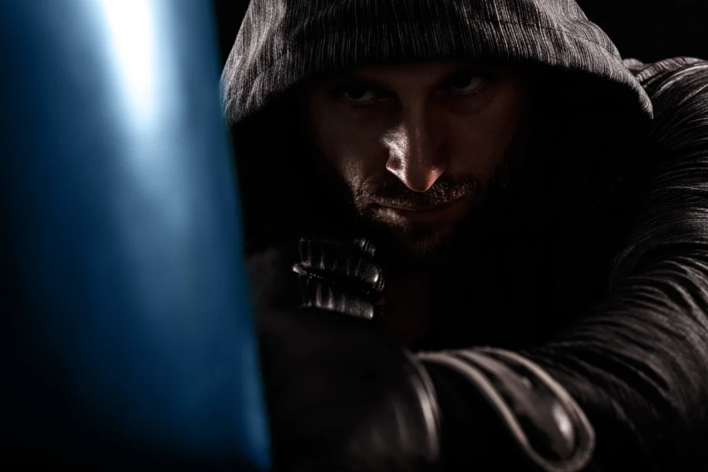 Jedi and Sith facing each other with glowing blue and red lightsabers, symbolizing the clash between light and dark sides of the Force