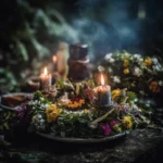 Cozy home Beltane celebration setup with candles, fresh flowers, greenery, and a small altar decorated for May 1st rituals.