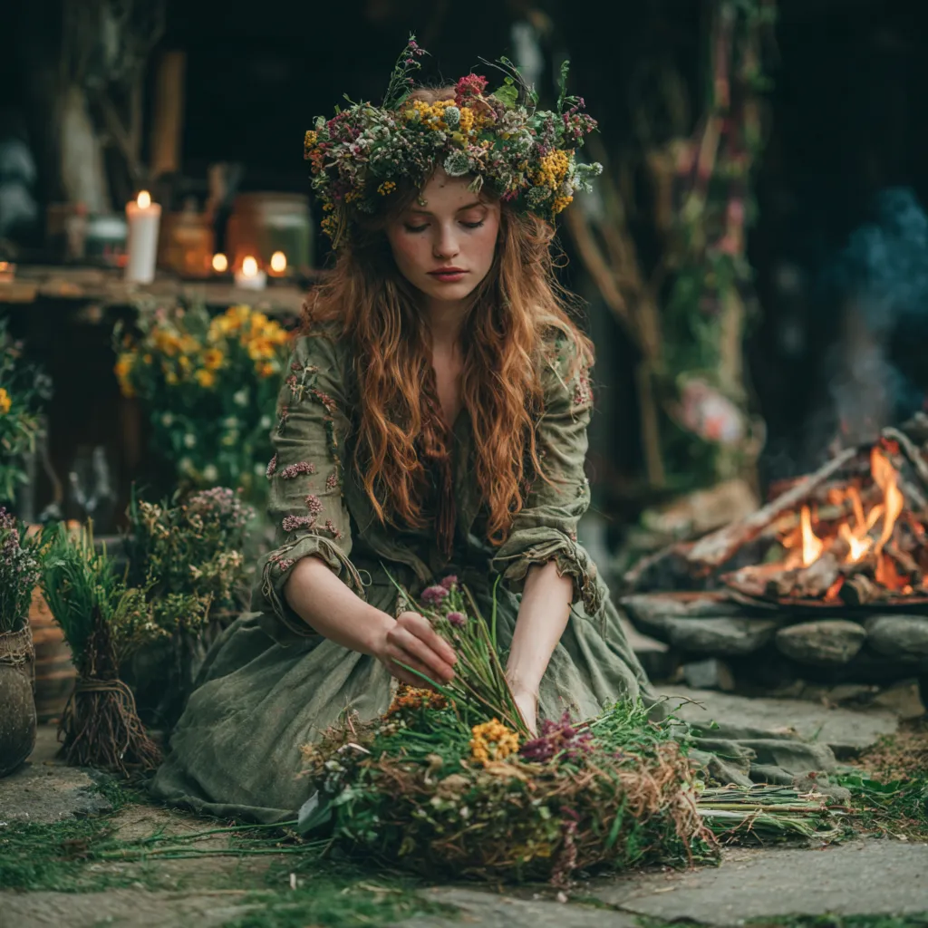 Cozy home Beltane celebration setup with candles, fresh flowers, greenery, and a small altar decorated for May 1st rituals.