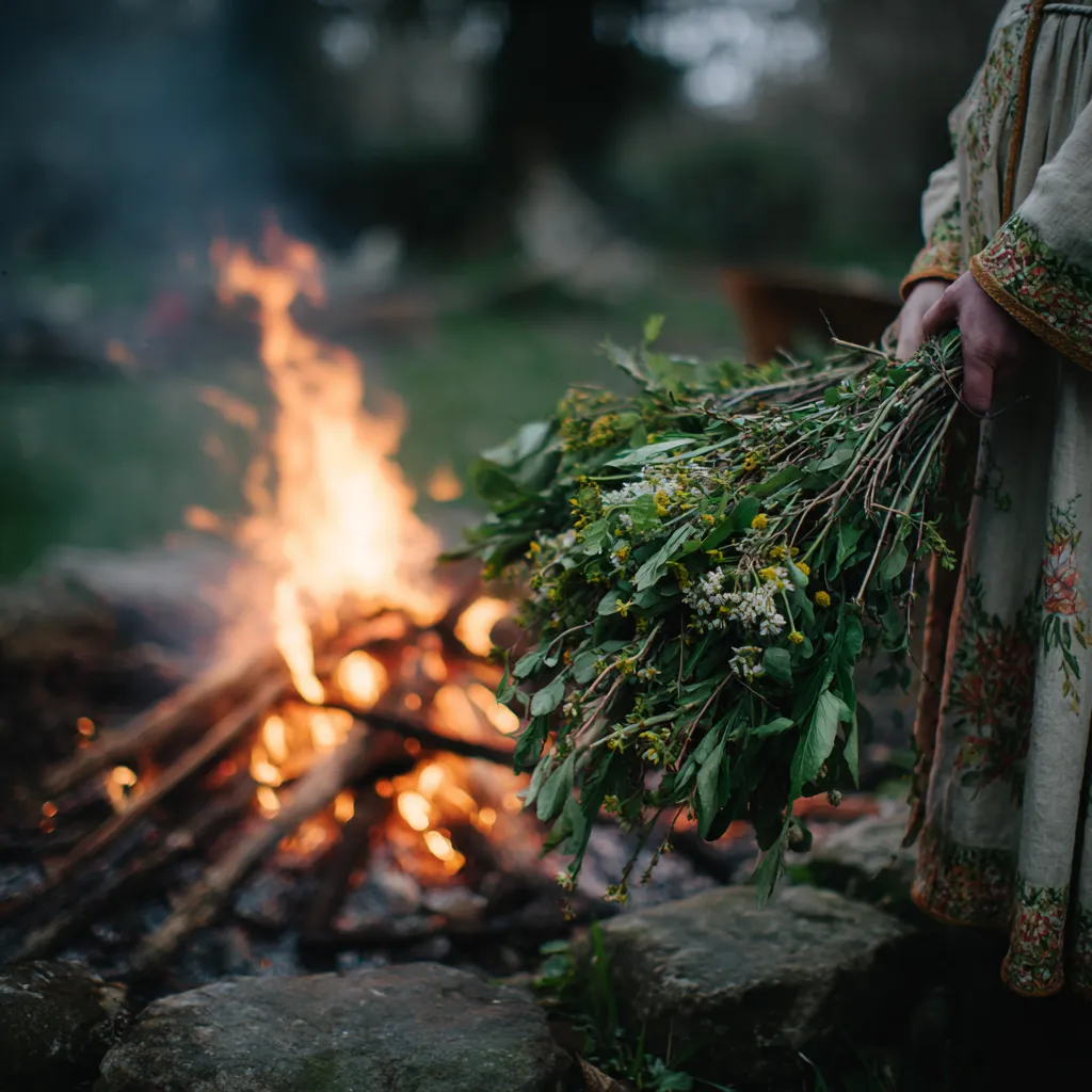 Cozy home Beltane celebration setup with candles, fresh flowers, greenery, and a small altar decorated for May 1st rituals.