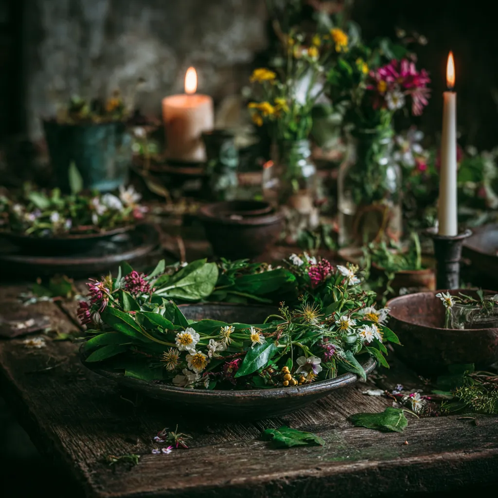 Cozy home Beltane celebration setup with candles, fresh flowers, greenery, and a small altar decorated for May 1st rituals.