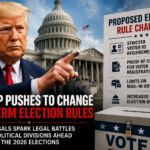 Donald Trump speaking in front of the U.S. Capitol, illustrating the national debate over proposed changes to U.S. midterm election rules ahead of the 2026 elections.
