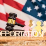 Immigration court building with gavel and legal documents symbolizing a deportation order case involving a teen victim