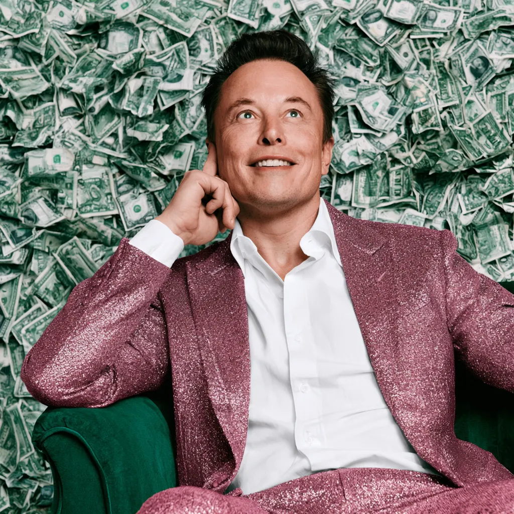 Elon Musk standing in front of a SpaceX rocket launch with a digital trillion-dollar graphic symbolizing his rise as the world's first trillionaire.