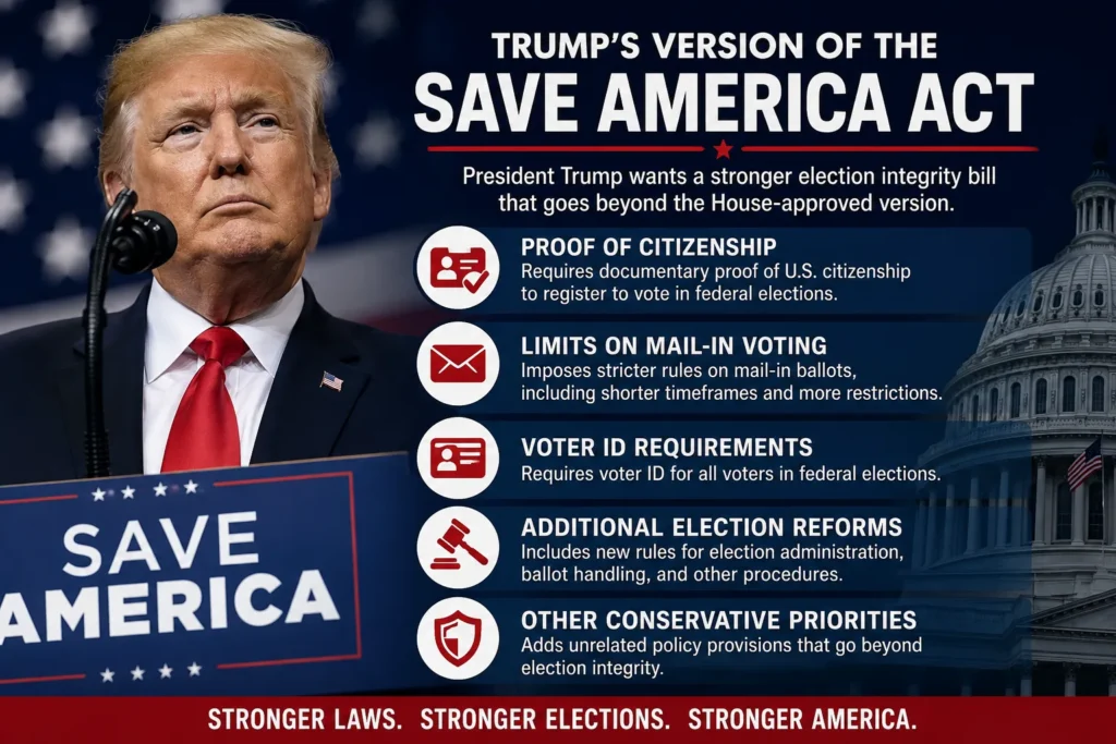 President Donald Trump speaking at a podium as lawmakers debate the expanded SAVE America Act amid growing Republican opposition.