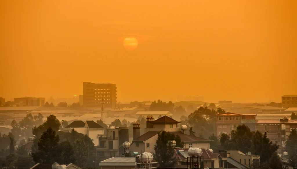 Michigan skyline covered by wildfire smoke during an air quality alert with hazy skies