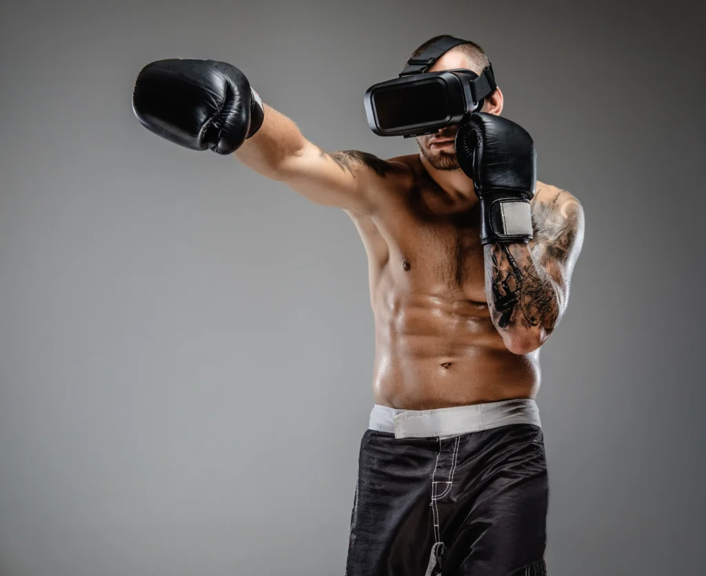 Person wearing a virtual reality headset while performing an interactive fitness workout in a modern gym, with digital workout metrics and immersive virtual environments displayed around them.