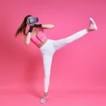Person wearing a virtual reality headset while performing an interactive fitness workout in a modern gym, with digital workout metrics and immersive virtual environments displayed around them.