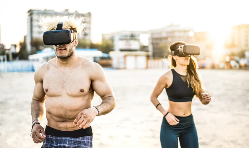 Intersection of Virtual Reality and Fitness
Person wearing a virtual reality headset while performing an interactive fitness workout in a modern gym, with digital workout metrics and immersive virtual environments displayed around them.