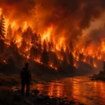 Firefighter watching a massive wildfire spread through a forest near Spokane.