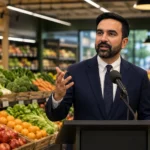 Zohran Mamdani speaks at a public event while defending his proposal for low-cost city-run grocery stores, highlighting efforts to help New Yorkers cope with rising food prices and the cost-of-living crisis.
