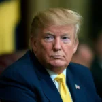 Donald Trump and damaged commercial infrastructure in Ukraine following Russian missile and drone strikes.